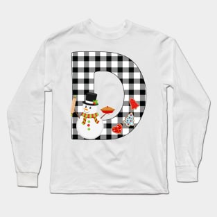 BW Buffalo Checks Pattern Monogram D | Snowman Long Sleeve T-Shirt